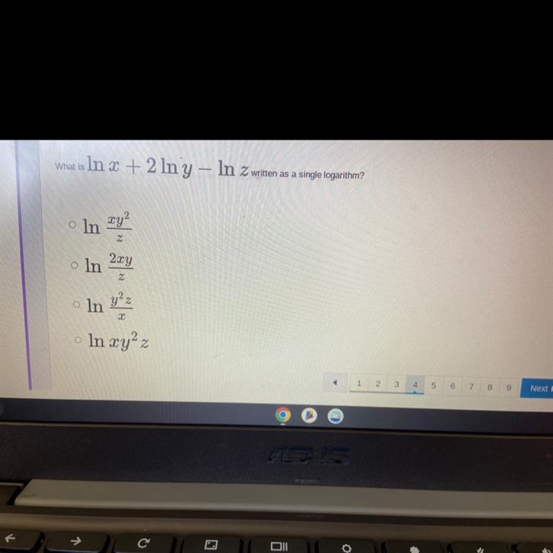 What is ln x + 2 ln y - ln z written as one logarithm?-example-1