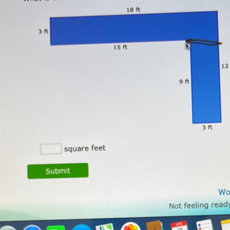 What is the area of this figure? 18 ft 3 ft 15 ft 12 ft 9 ft 3 ft square feet Submit-example-1