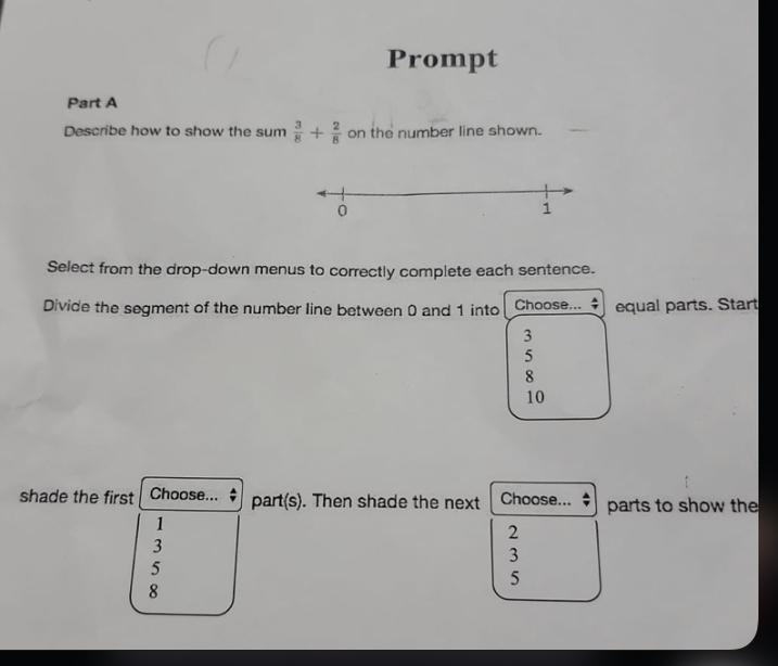 Describe how to show the sum 3/8+ 2/8 on the Number line shown￼-example-1