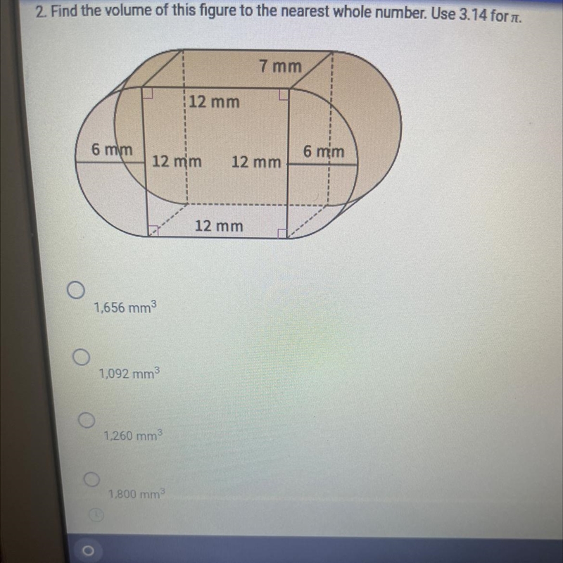 Find the volume for this figure. Use 3.14 for (pie) A)1,656 mm B) 1,092 mm C) 1,250 mm-example-1