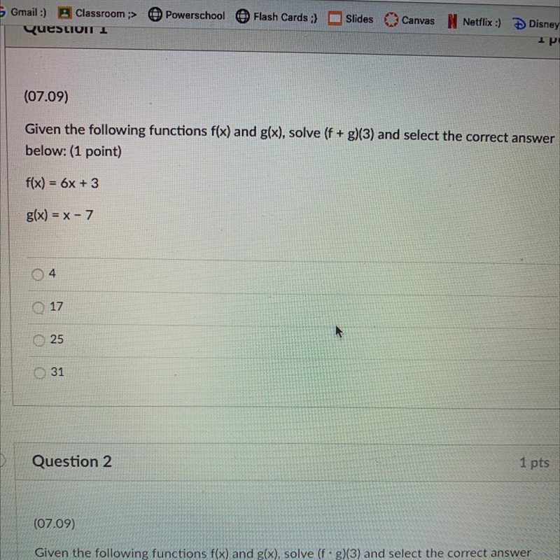 PLEASE HELP ASAP 100 points (07.09)Given the following functions f(x) and g(x), solve-example-1