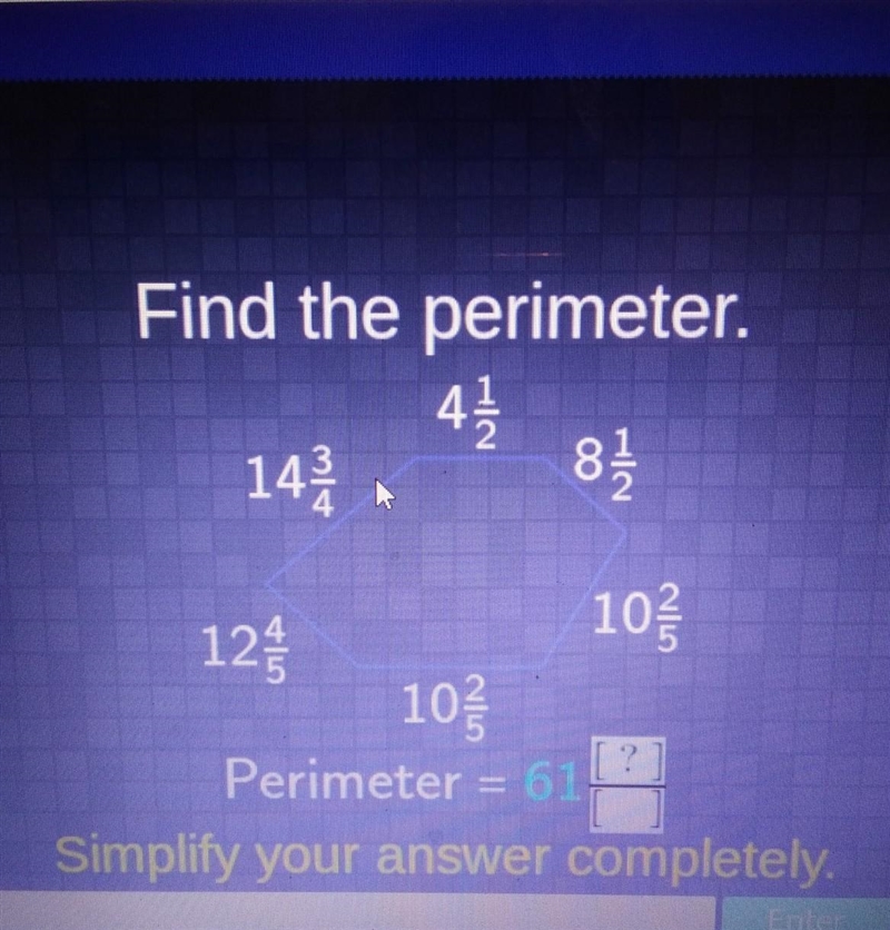 Find the perimeter. 4 14 NH ساره 8 NE NIL 12 10 10 Perimeter = 61/? Simplify your-example-1