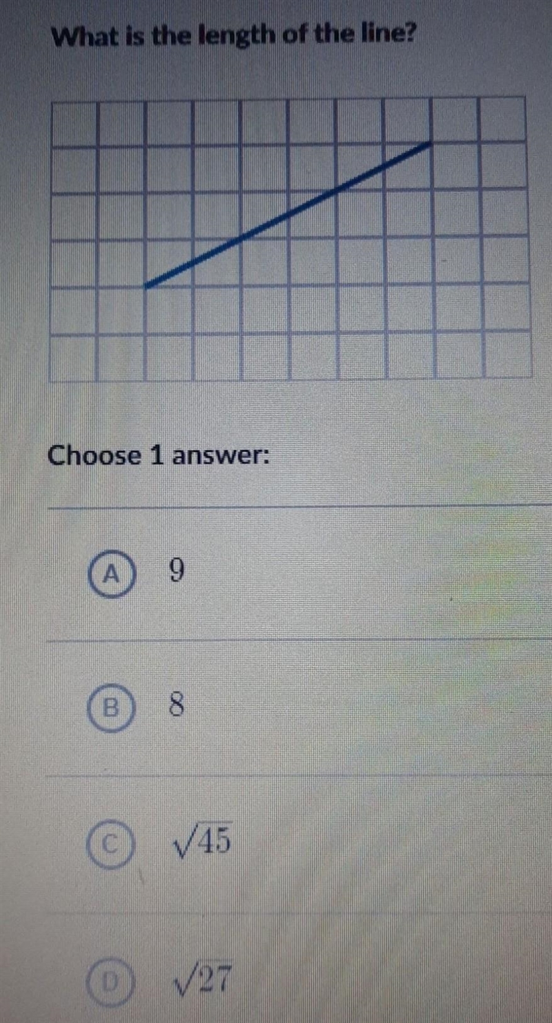 PICTURE INCLUDED whats the length of the line? A. 9 B. 8 C. √45 D. √27 ​-example-1