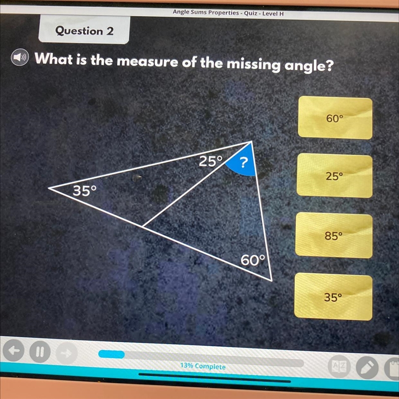 What is the measure of the missing angle?-example-1