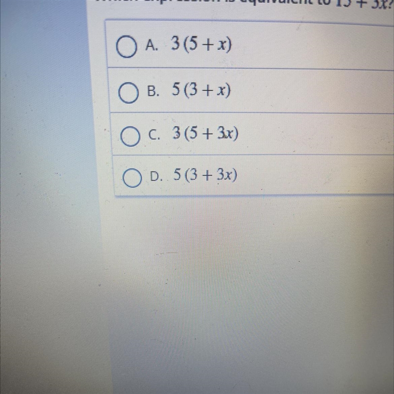 Which expression is equivalent to 15 + 3x-example-1