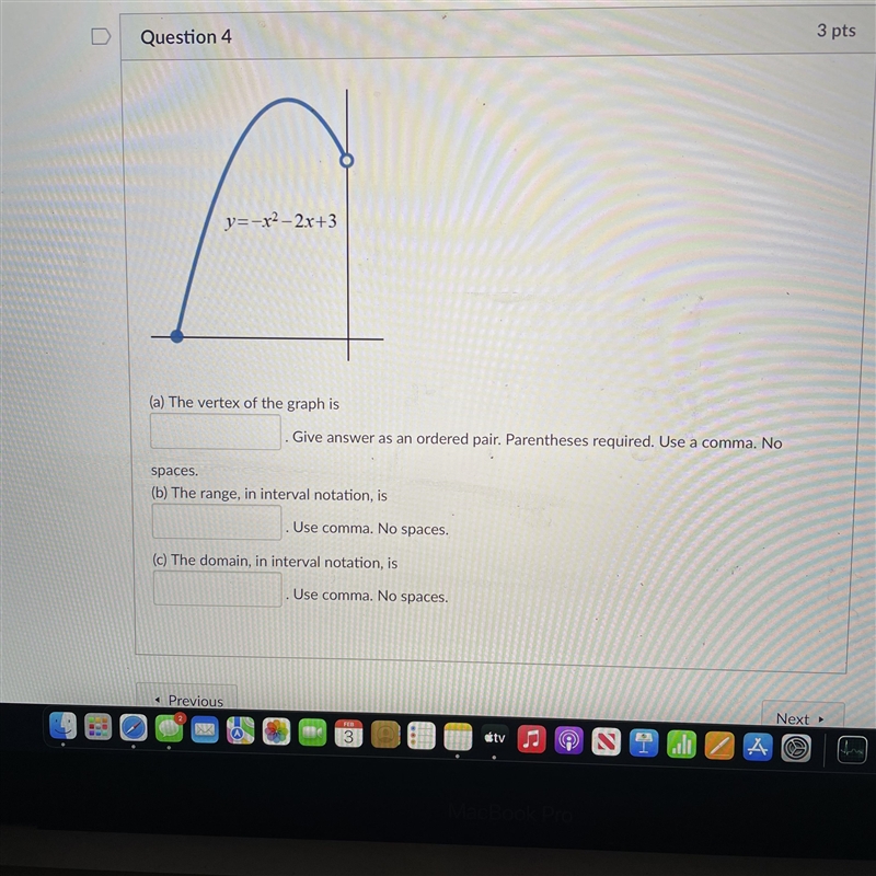 Y=-x^2-2x+3 what is the vertex of the graph? Answer an order pair.-example-1