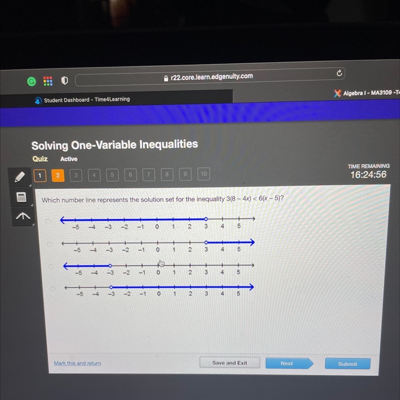 16:2 SERE Which number line represents the solution set for the inequality 38 - 4x-example-1