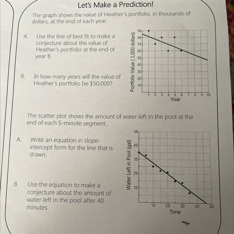 Use the line of best fit to make a conjecture about the value of Heather's portfolio-example-1