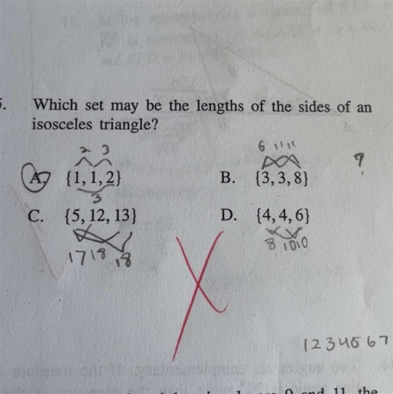 Which set may be the lengths of the sides of an isosceles triangle?-example-1