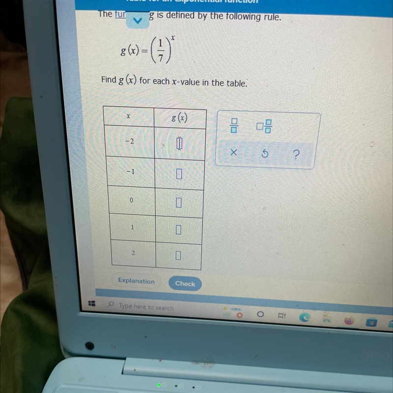 Find g(x)=(1/7)x Find g(x) for each x value in the table-example-1