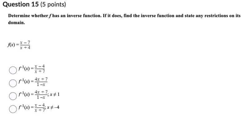 Determine whether f has an inverse function. If it does, find the inverse function-example-1