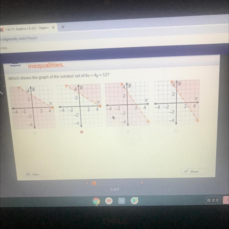 Which shows the graph of the solution set of 6x + 4y < 12?-example-1