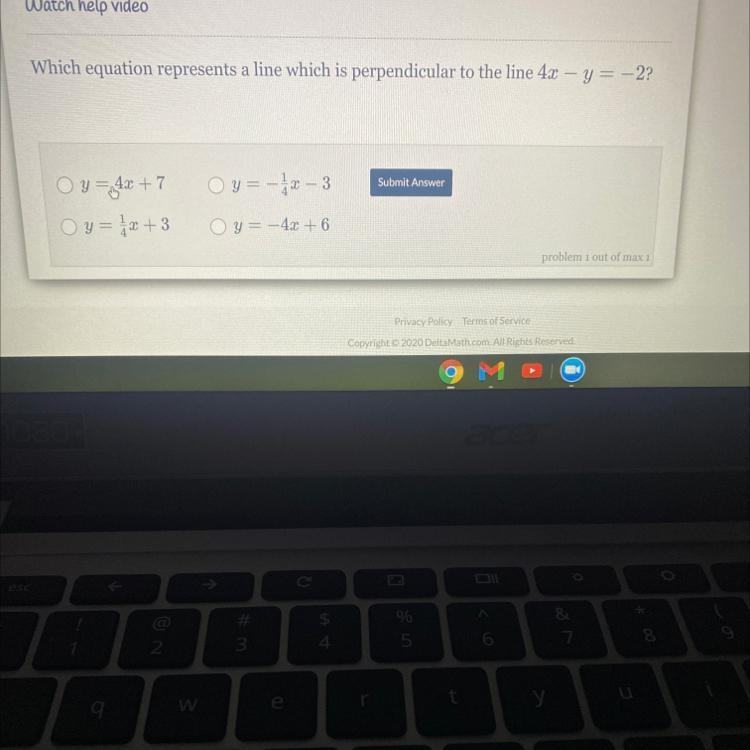 Watch help videoWhich equation represents a line which is perpendicular to the line-example-1