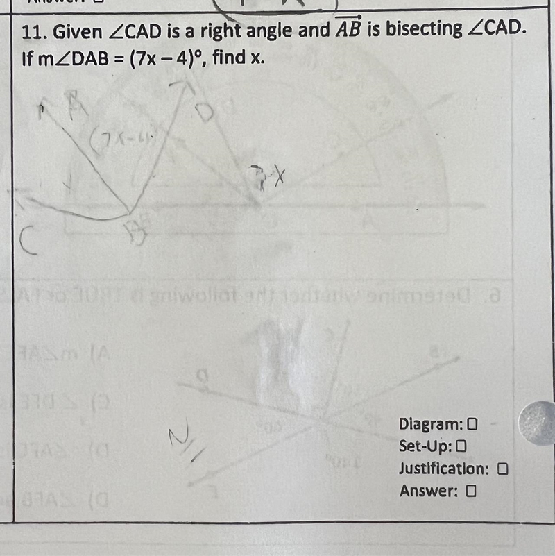 Given CAD is a right angle and AB is bisecting CAD and if DAB=(7x-4) find X-example-1