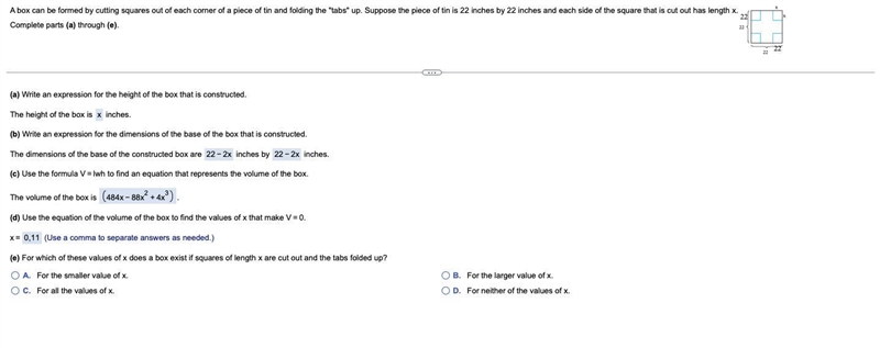 PLEASE HELP!PLEASE HELP!d) Use the equation of the volume of the box to find the values-example-1