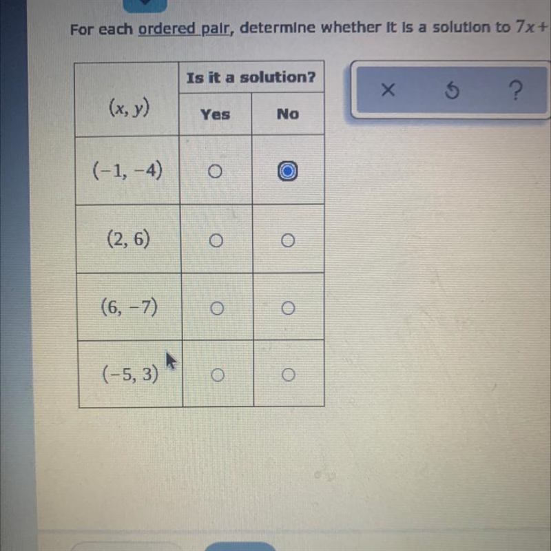 For each ordered pair determine whether it is a solution to 7x+4y=-23-example-1