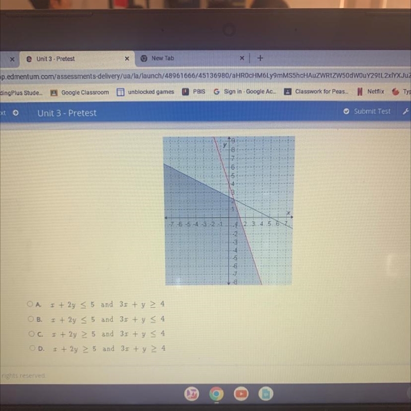 OA x + 2y ≤ 5 and 3x + y ≥ 4 OB. + 2y ≤ 5 and 3x + y ≤ 4 OC. I + 2y 25 and 3x + y-example-1