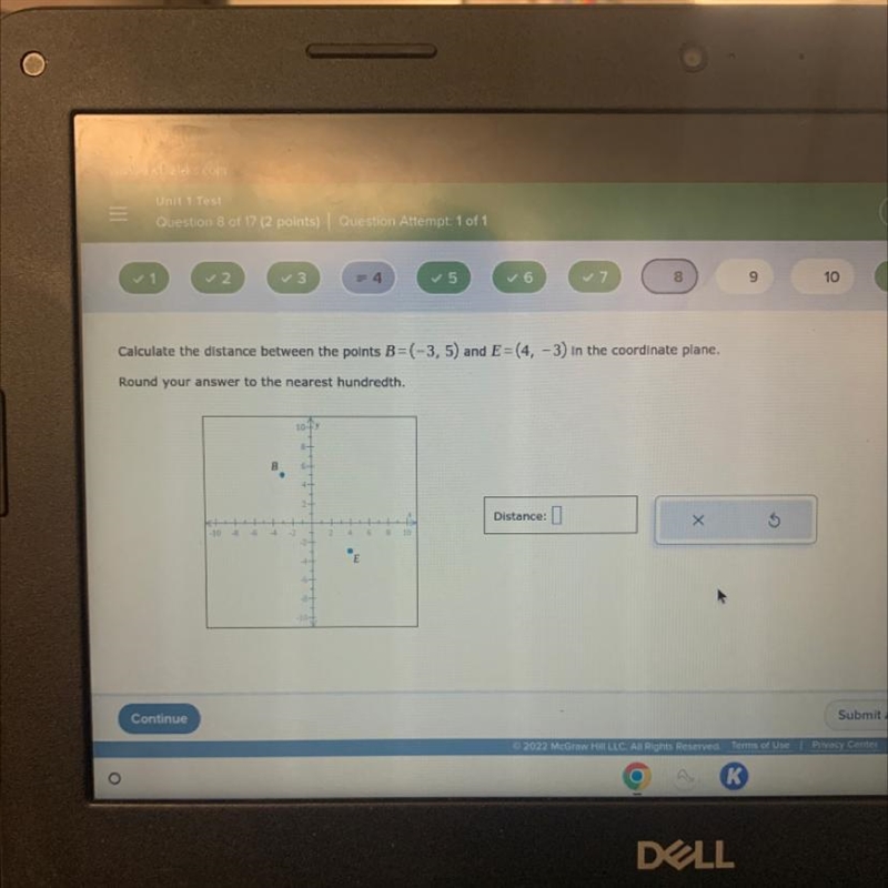 Calculate the distance between the points B=(-3, 5) and E=(4, -3) in the coordinate-example-1