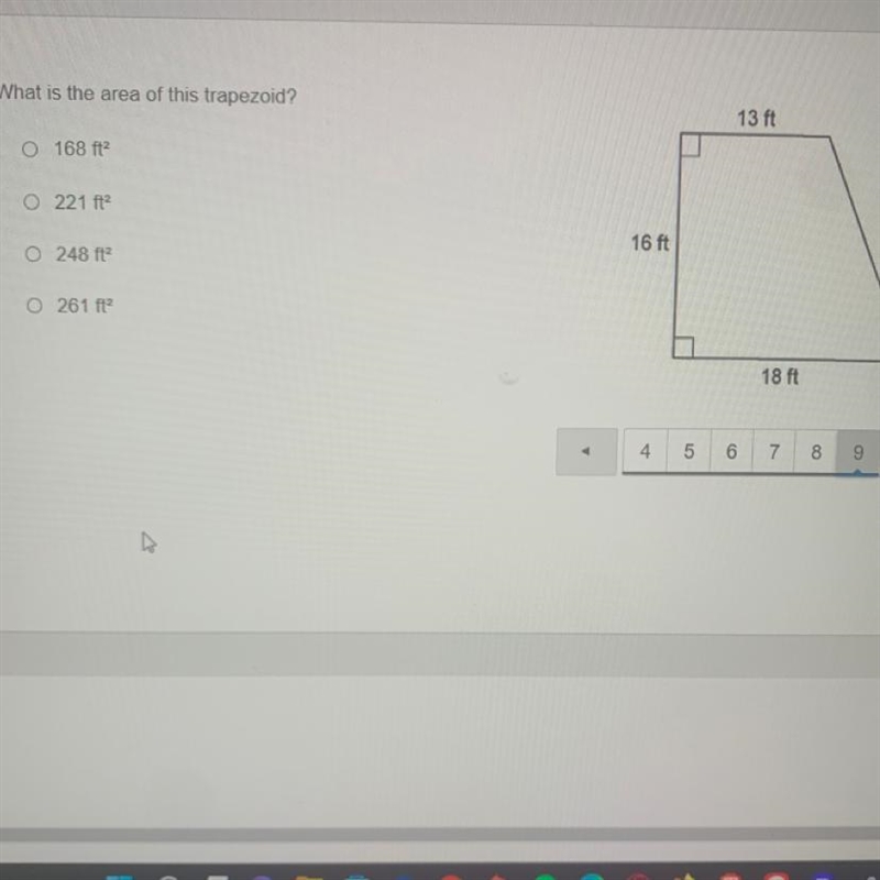 What is the area of this trapezoid? 168 ft 221 ft 248 ft 261 ft-example-1