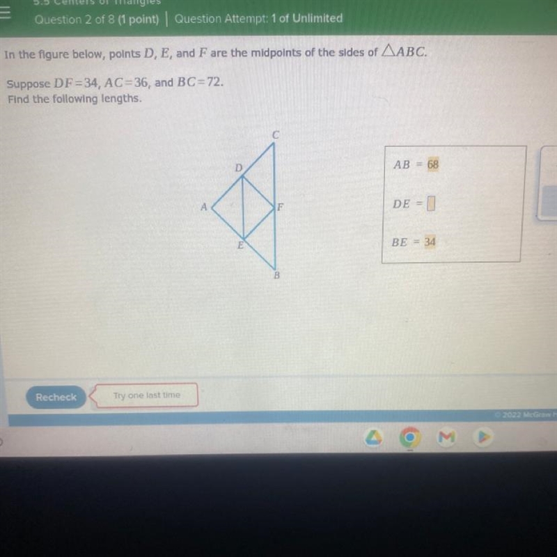 Suppose DF=34, AC=36, and BC=72 I already got AB and BE I just need DE-example-1