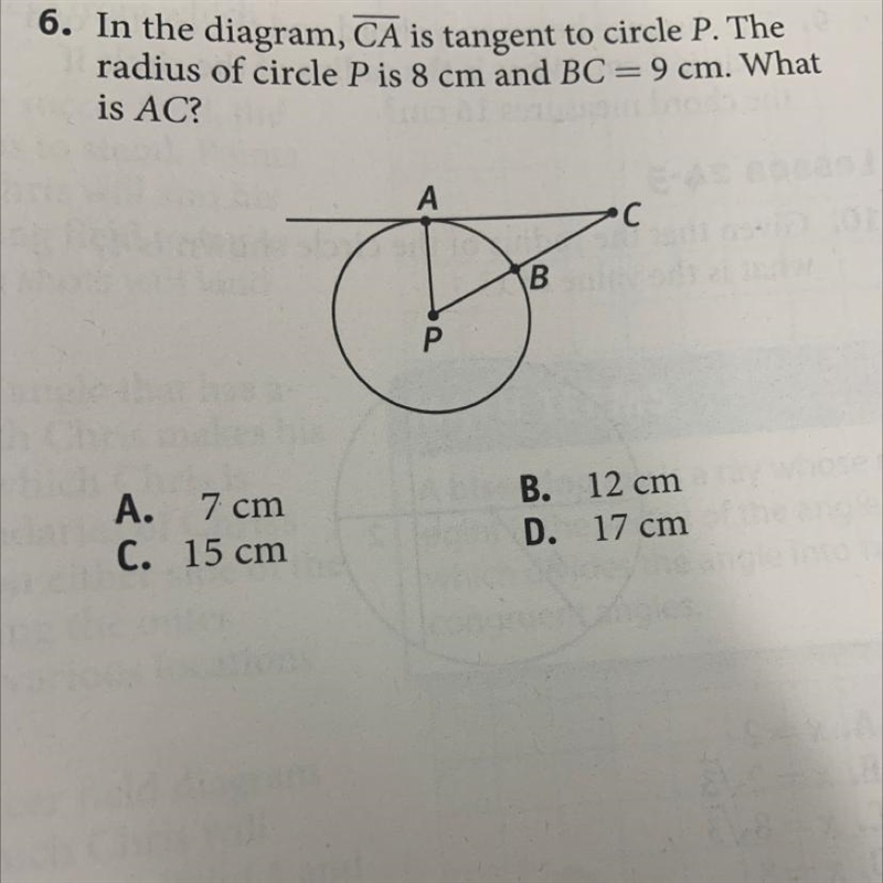 In the diagram, CA is tangent to circle P. The e radius of circle P is 8 cm and BC-example-1