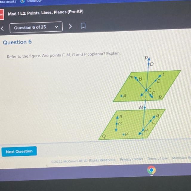 Can anyone help?? Are points F,M,G and P coplanar? Explain.-example-1