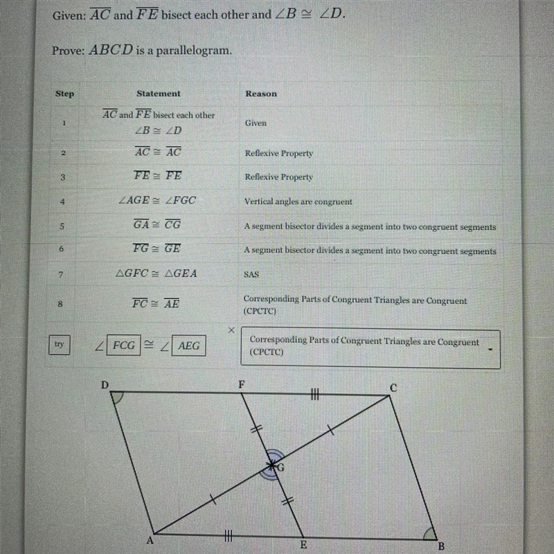 Given: AC and FE bisect each other and Prove: ABCD is a parallelogram.-example-1