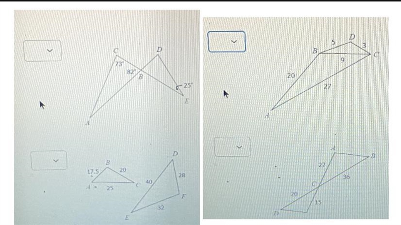 HELP ASAP. Determine whether triangles are similar by Side by Side (SSS), Side Angle-example-1