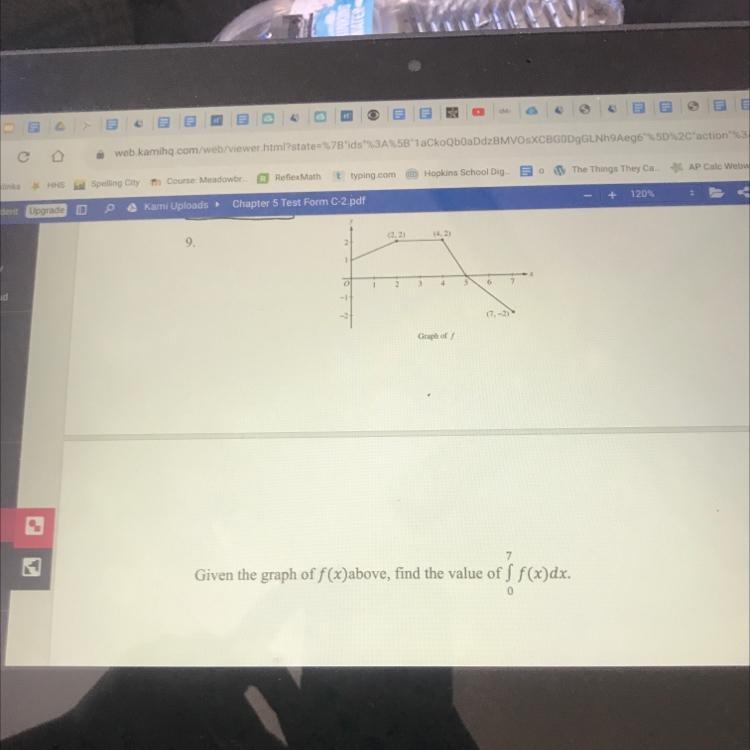 Given the graph of f(x) above, find the value of integral(from 0 to 7) f(x)dx-example-1