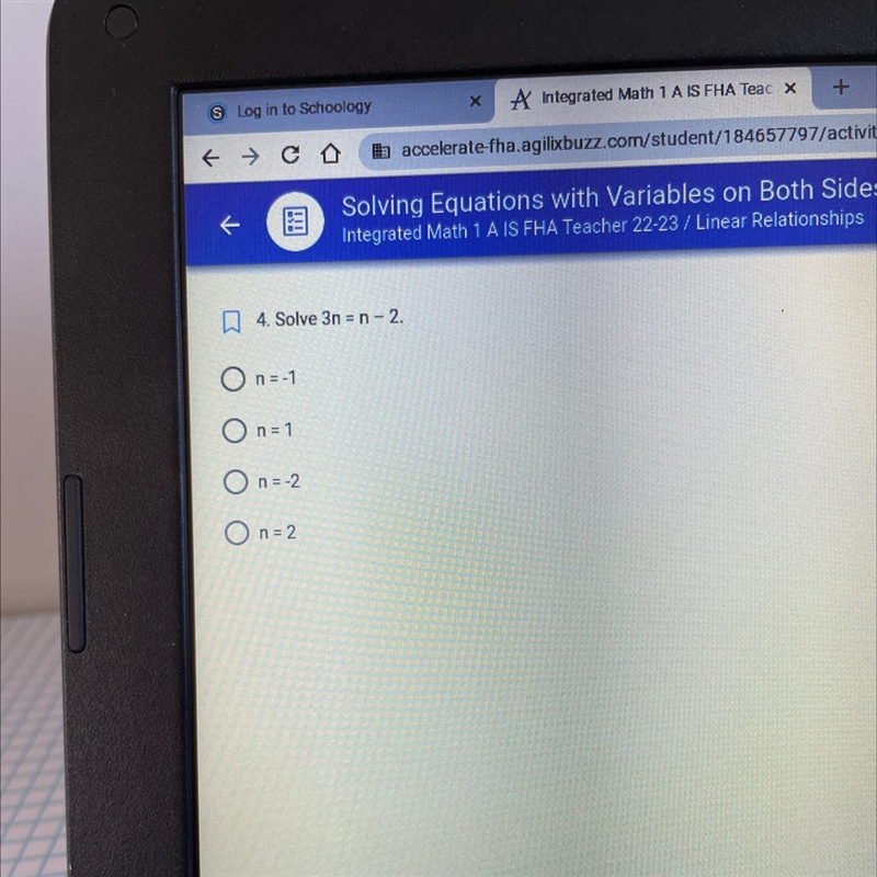 4. Solve 2n=n-2. Intergrated math-example-1