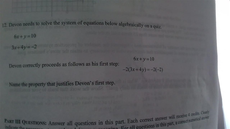 Devon needs to solve the system of equations below algebraically on a quiz. 6x + y-example-1