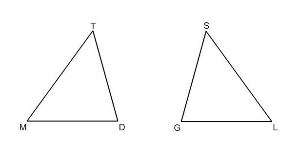 Please help!! In the diagram, ΔMTD ≅ ΔGLS . Which statement is true? ∠M ≅ ∠G DT ≅ LG-example-1