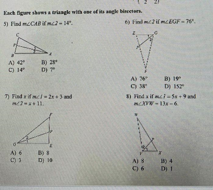 Each figure shows a triangle with one of its angle bisectors. Can someone help me-example-1