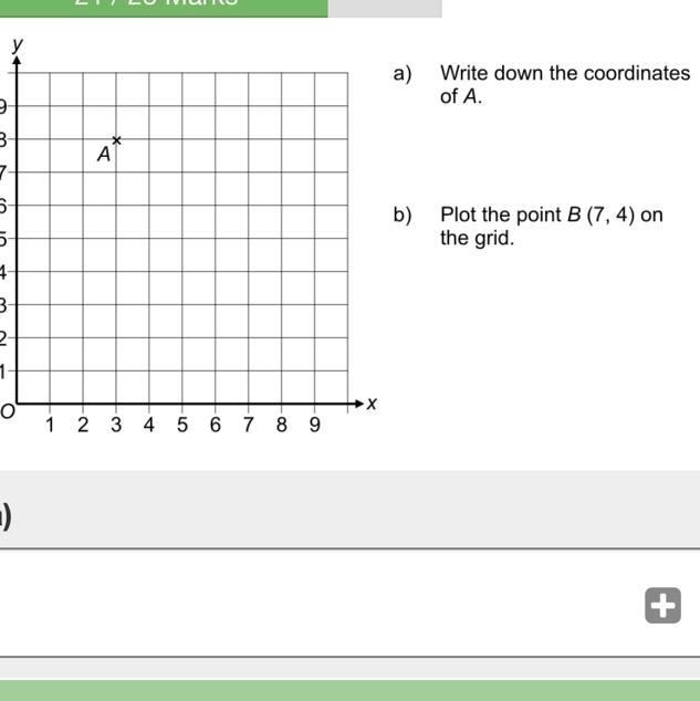 A) Write down the coordinates of A. b) Plot the point B(7,4) on the grid-example-1