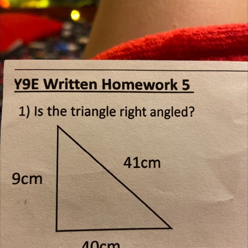 1) Is the triangle right angled? 9cm 40cm 41cm-example-1