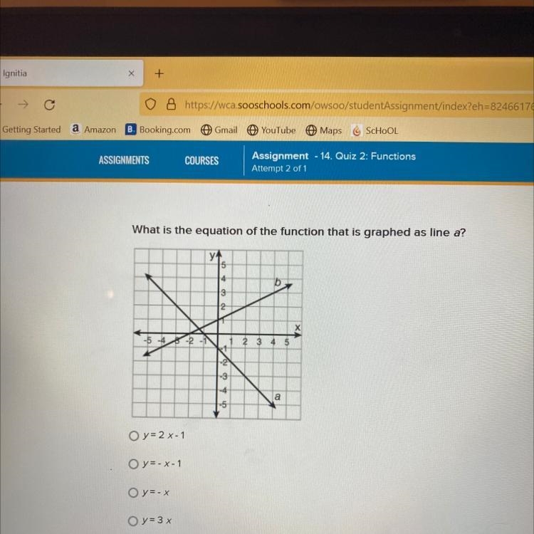 What is the equation of the function that is graphed as line a? O y= 2 x-1 O y=-x-example-1