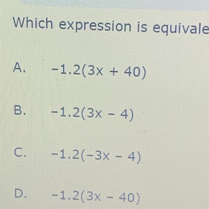 Which expression is equivalent to -3.6x + 48-example-1