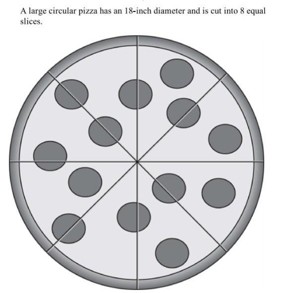 1.What is the perimeter of one slice of the pizza? A. 2.25π B. 2.25π + 9 C. 2.25π + 18 D-example-1