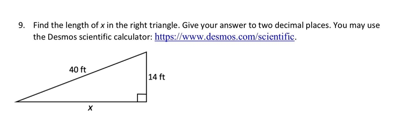 9. Find the length of x in the right triangle. Give your answer to two decimal places-example-1