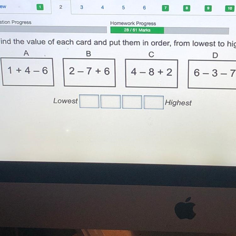 Find the value of each card and put them in order, from lowest to highest.-example-1