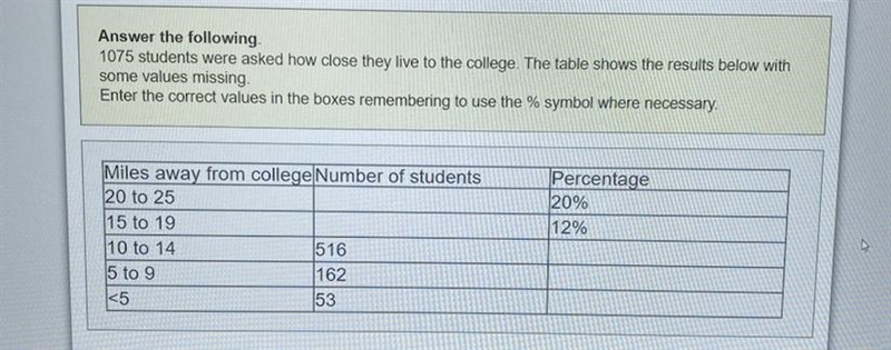 Answer the following. 1075 students were asked how close they live to the college-example-1