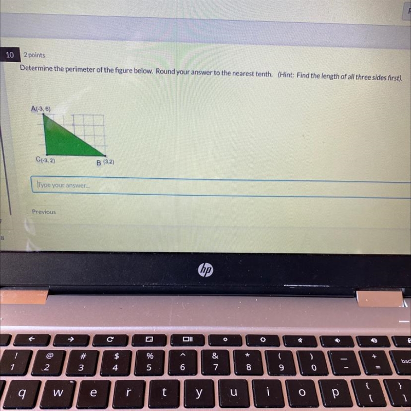 What is the perimeter? (triangle) round to nearest tenth A(-3, 6) C(-3.2) B (3,2)-example-1