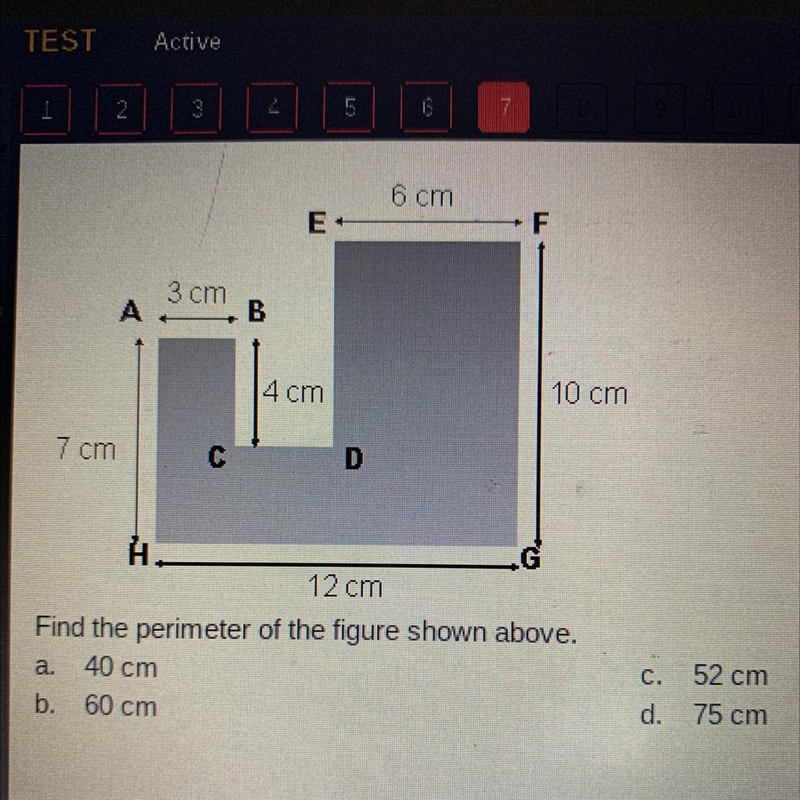 Find the perimeter of the figure shown above. a. 40 cm b. 60 cm C. 52 cm d. 75 cm-example-1