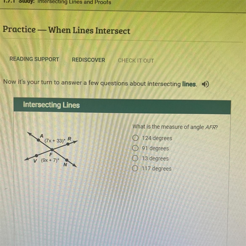 What is the measure of angle AFR? O 124 degrees O 91 degrees O 13 degrees O 117 degrees-example-1