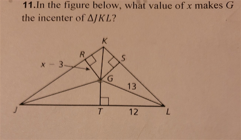 In the figure below, what value of x makes G the incenter of JKL?-example-1