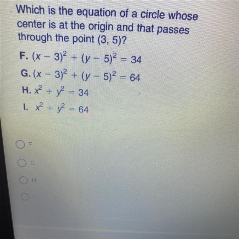 Which is the equation of a circle whose center is at the origin and that passes through-example-1