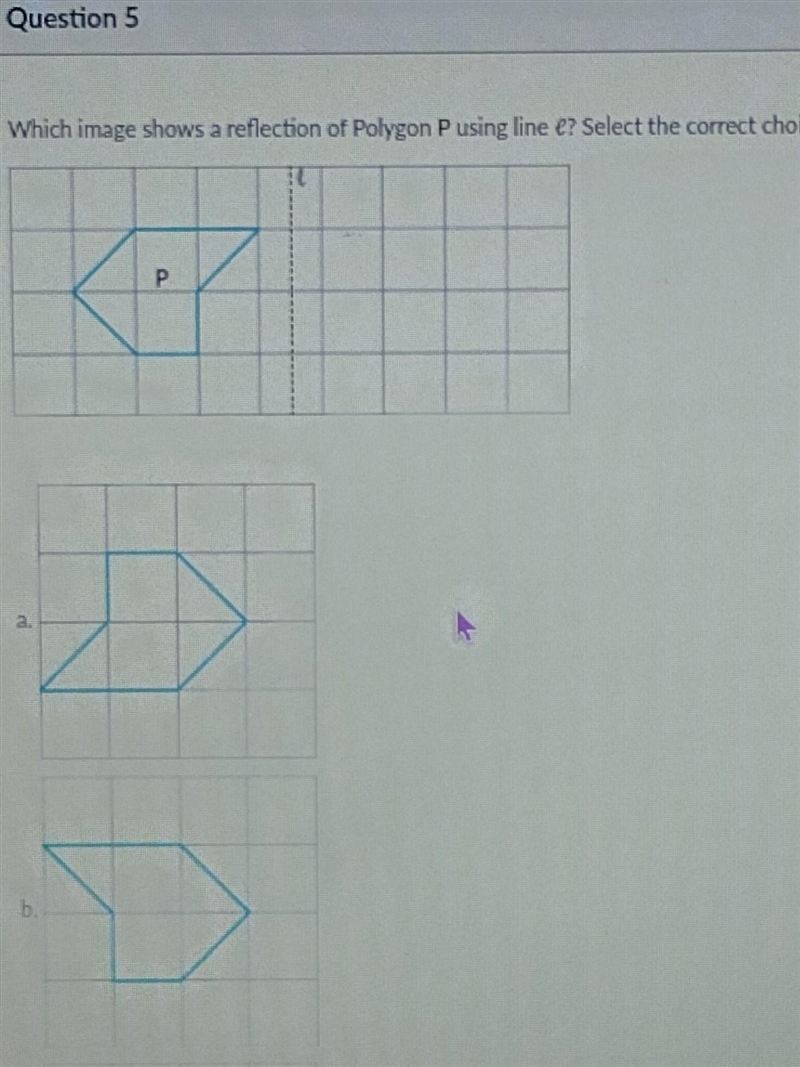 Which image shows a reflection of Polygon P using line e? Select the correct choice-example-1