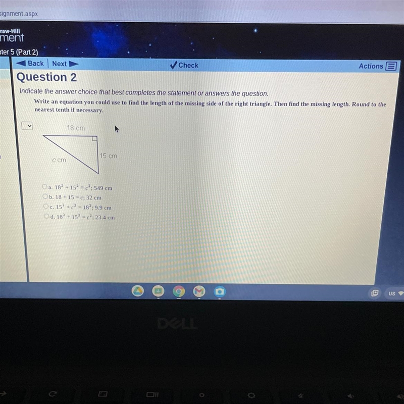 Write an equation you could use to find the length of the missing side of the right-example-1