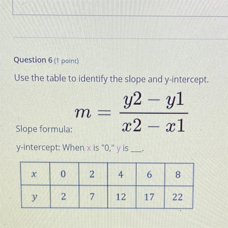 Question 6 (1 point) - Use the table to identify the slope and y-intercept. y2 – yl-example-1