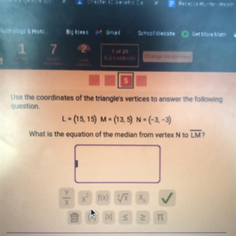 L = (15,15) M = (13,5) N= (-3,-3) What is the equation of the median from vertex N-example-1